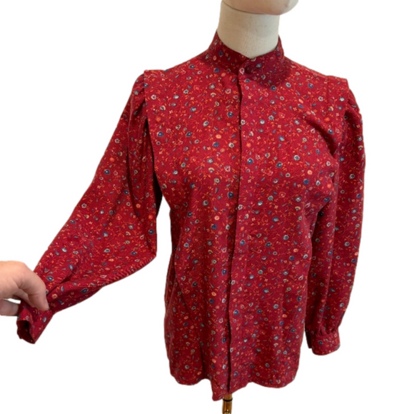 Tops - 70s PRAIRIE RED FLORAL COTTAGECORE BLOUSE BISHOP SLEEVES & BOX PLEATS HANDMADE